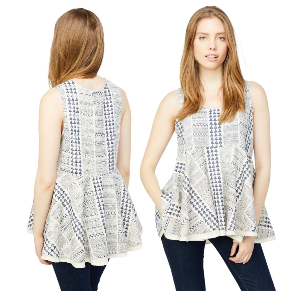 Sz L RD + Koko Aztec Sleeveless Tank Top Peplum Tunic Knit Ivory Cream Blue Navy